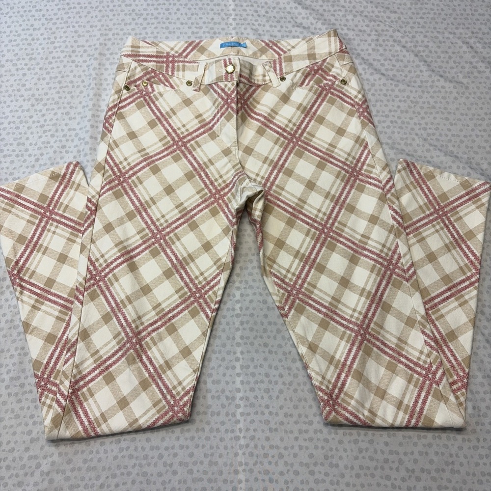 j mclaughlin womens ankle pants slim fit preppy size 4 plaid pink beige office